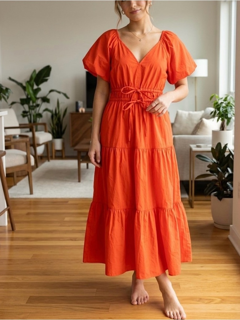 NWT Free Assembly Vibrant Orange Tiered Cotton Maxi Dress Size XS